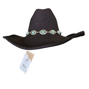 Frye Womens Faux Wool Felt Black Turquoise  Cattlemans Cowgirl Cowboy‎ Hat NWT
